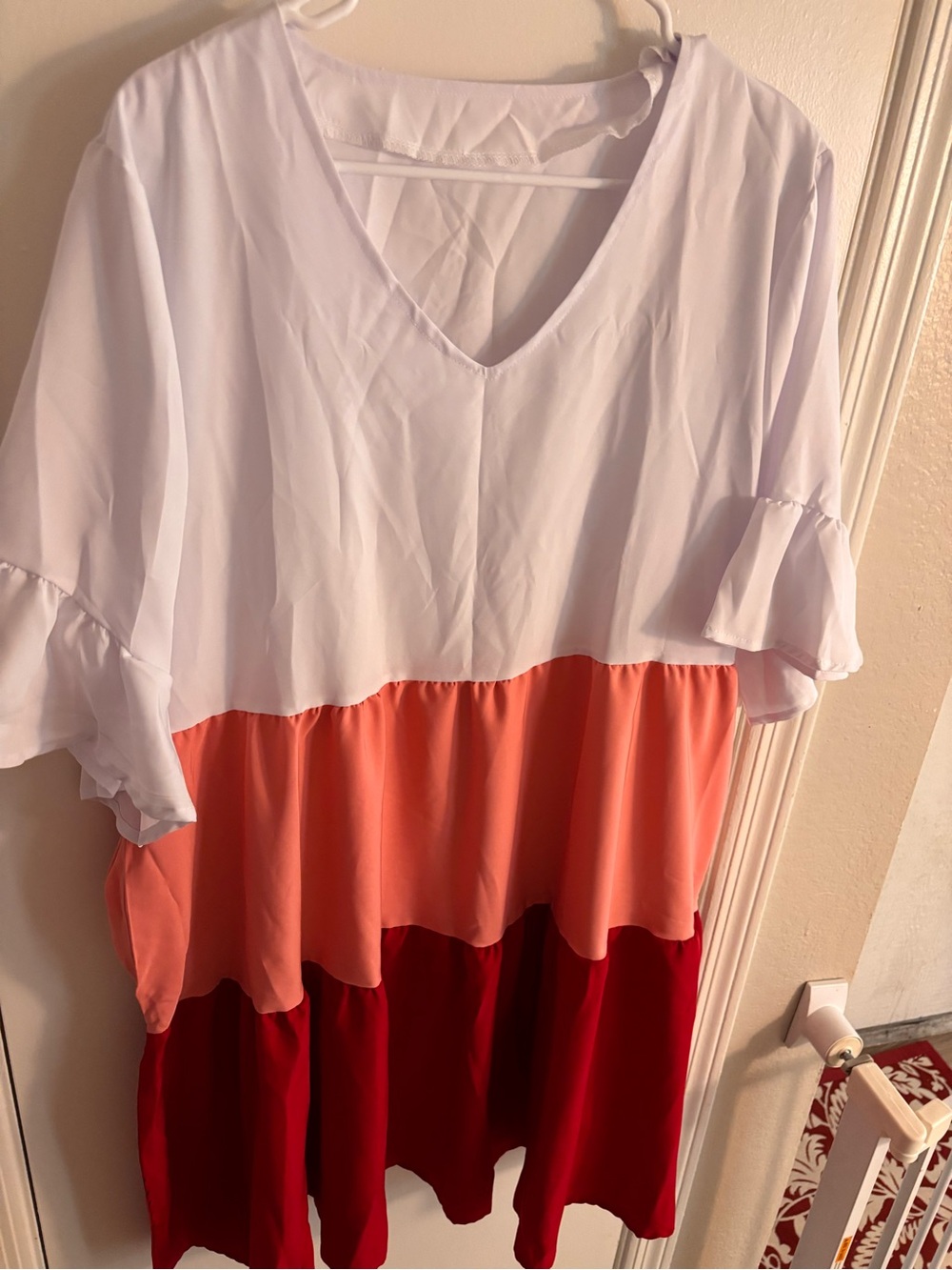 Colorblock Ruffle Tiered V-Neck II Dress - White, Coral, Red - Picture 3 of 4